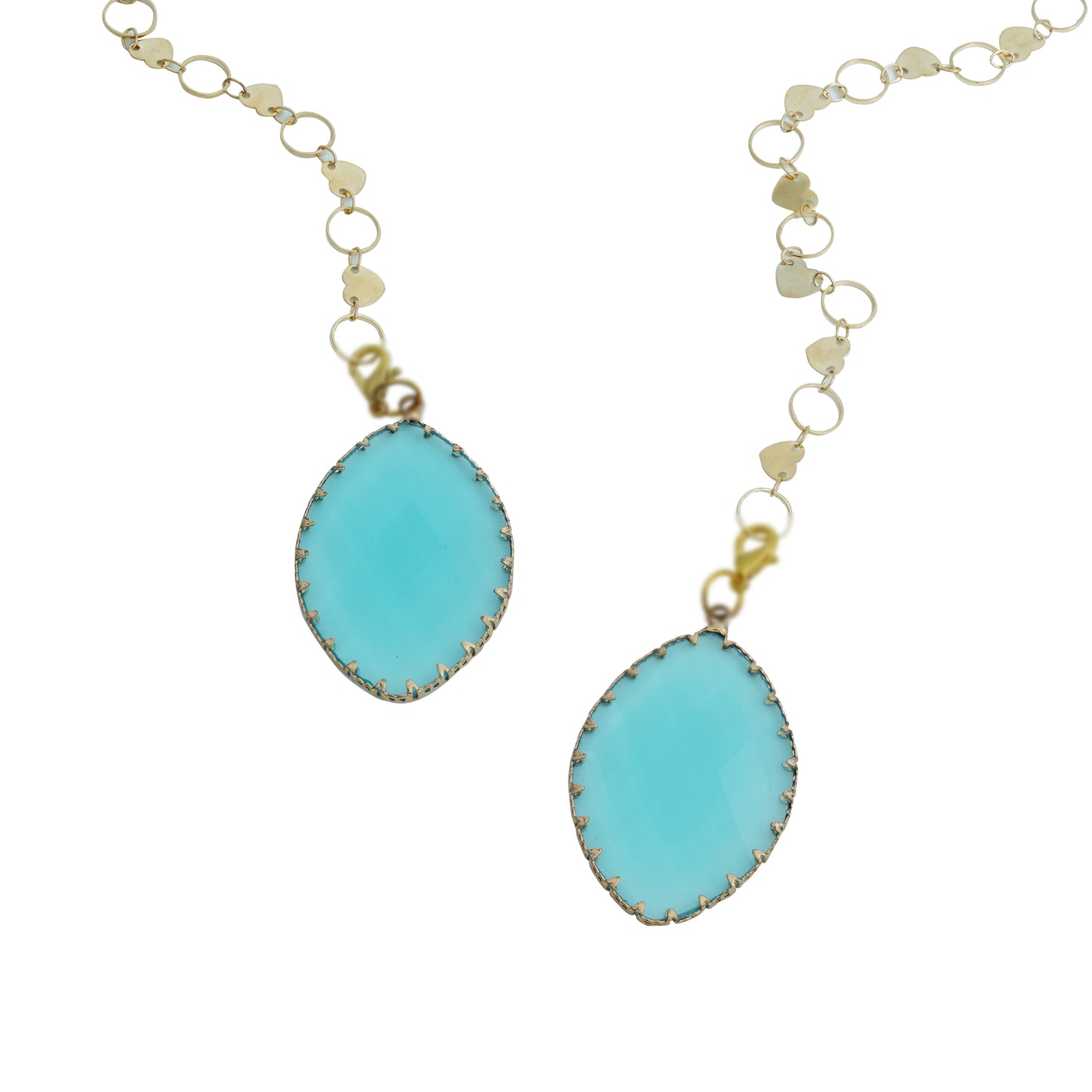 Delicate gold chain adorned with small circular links, ending in two tear drop shaped blue charms