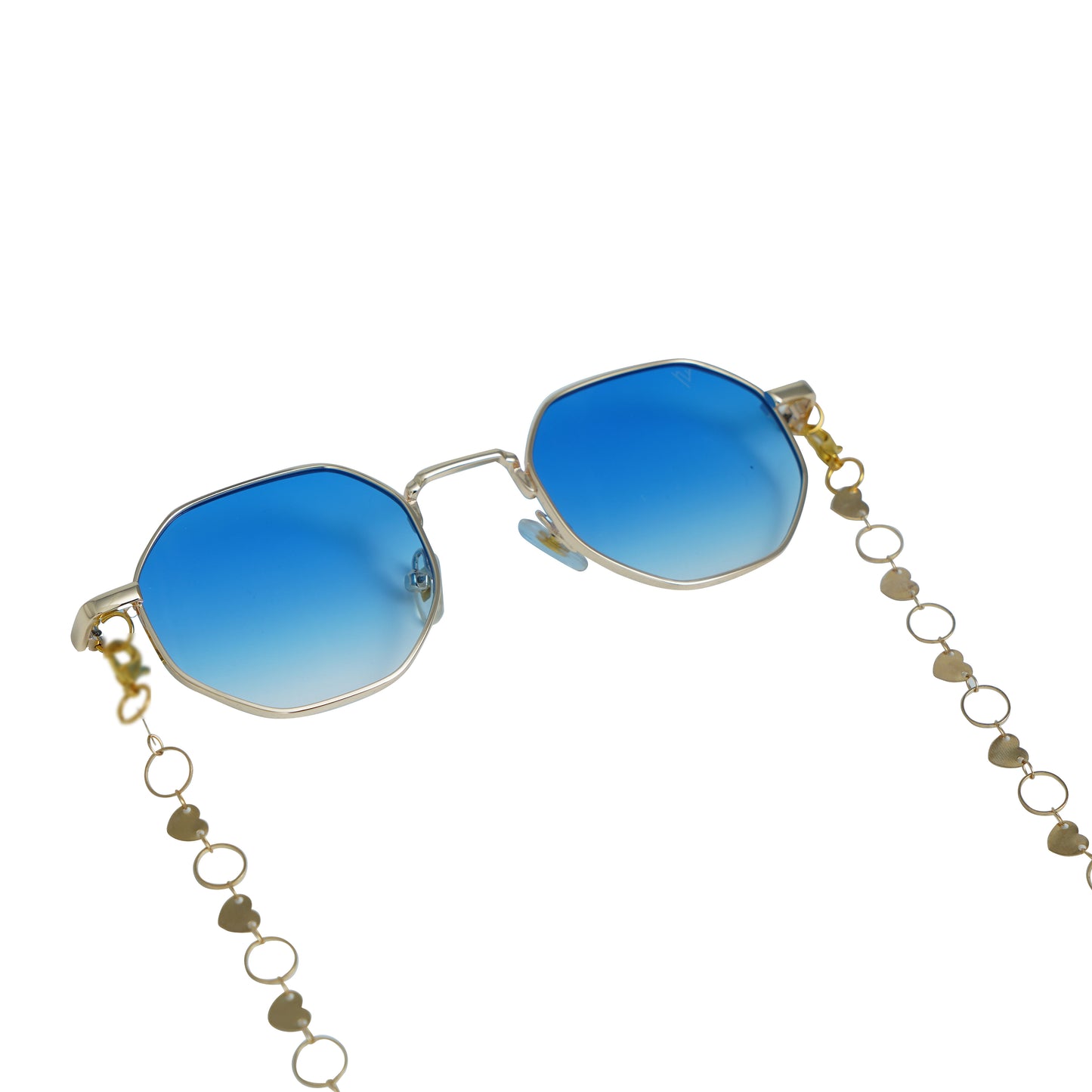 Blue-lensed sunglasses with a gold frame are connected to a delicate gold chain adorned with small circular links