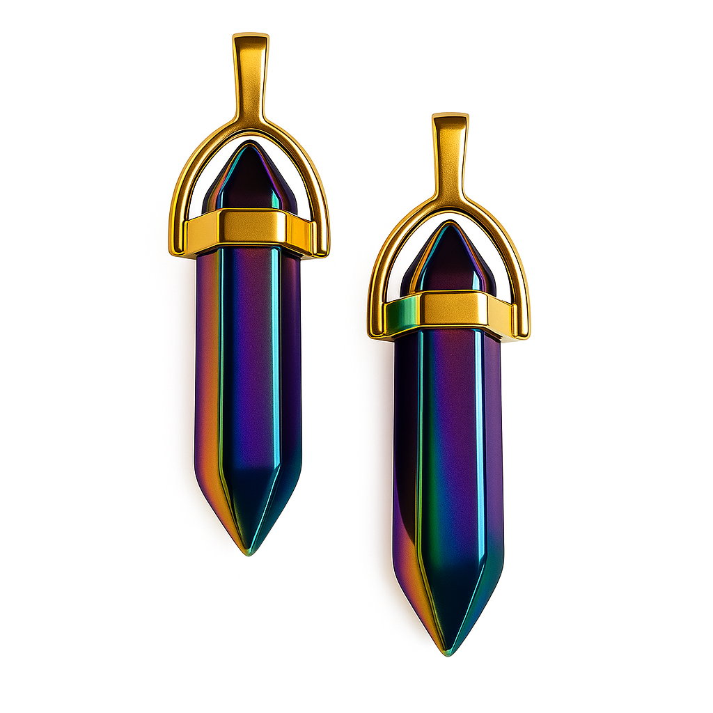 Holographic, vibrant rainbow pointed charms with golden caps-front view