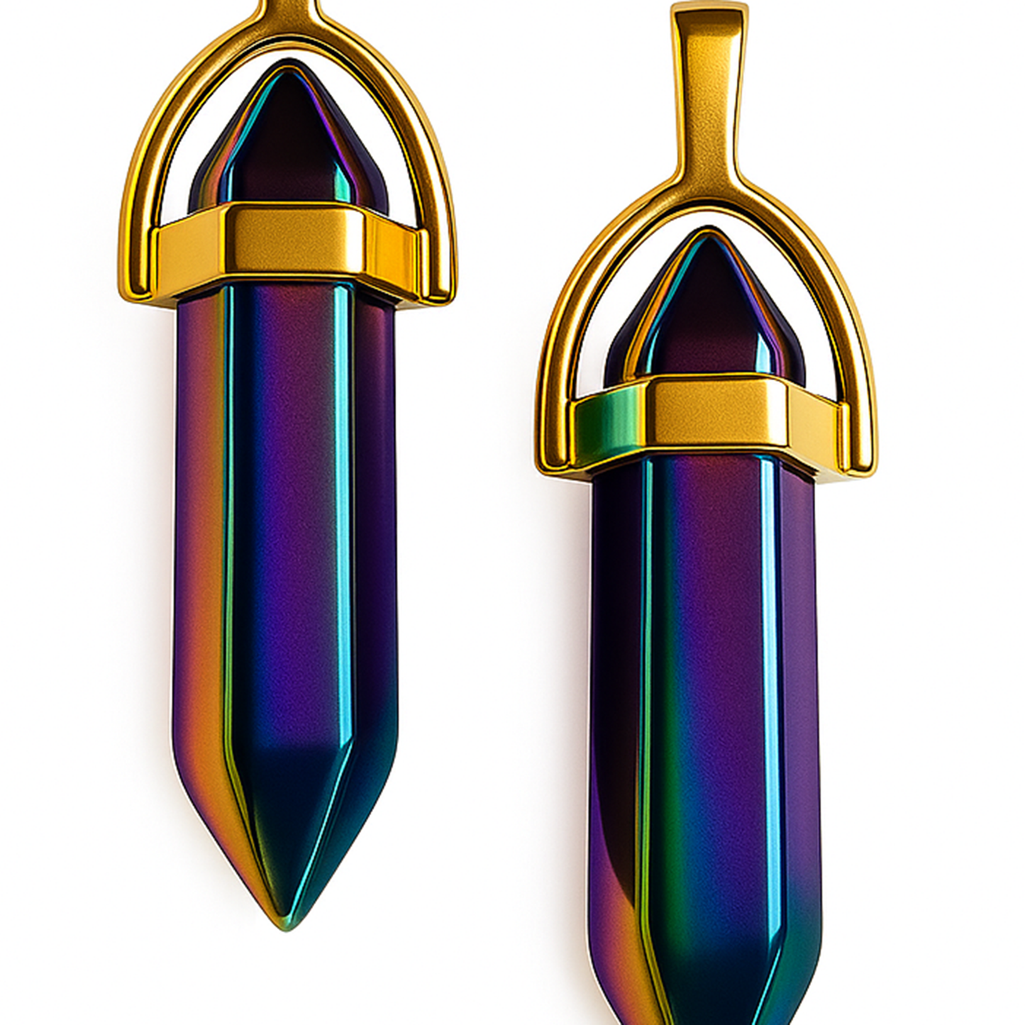 Holographic, vibrant rainbow pointed charms with golden caps-zoomed view