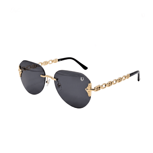 Sunglasses with gold chain design on a white background