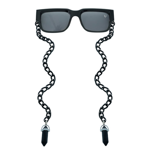 Black rectangular sunglasses with bold black chain and black crystal charms-front view