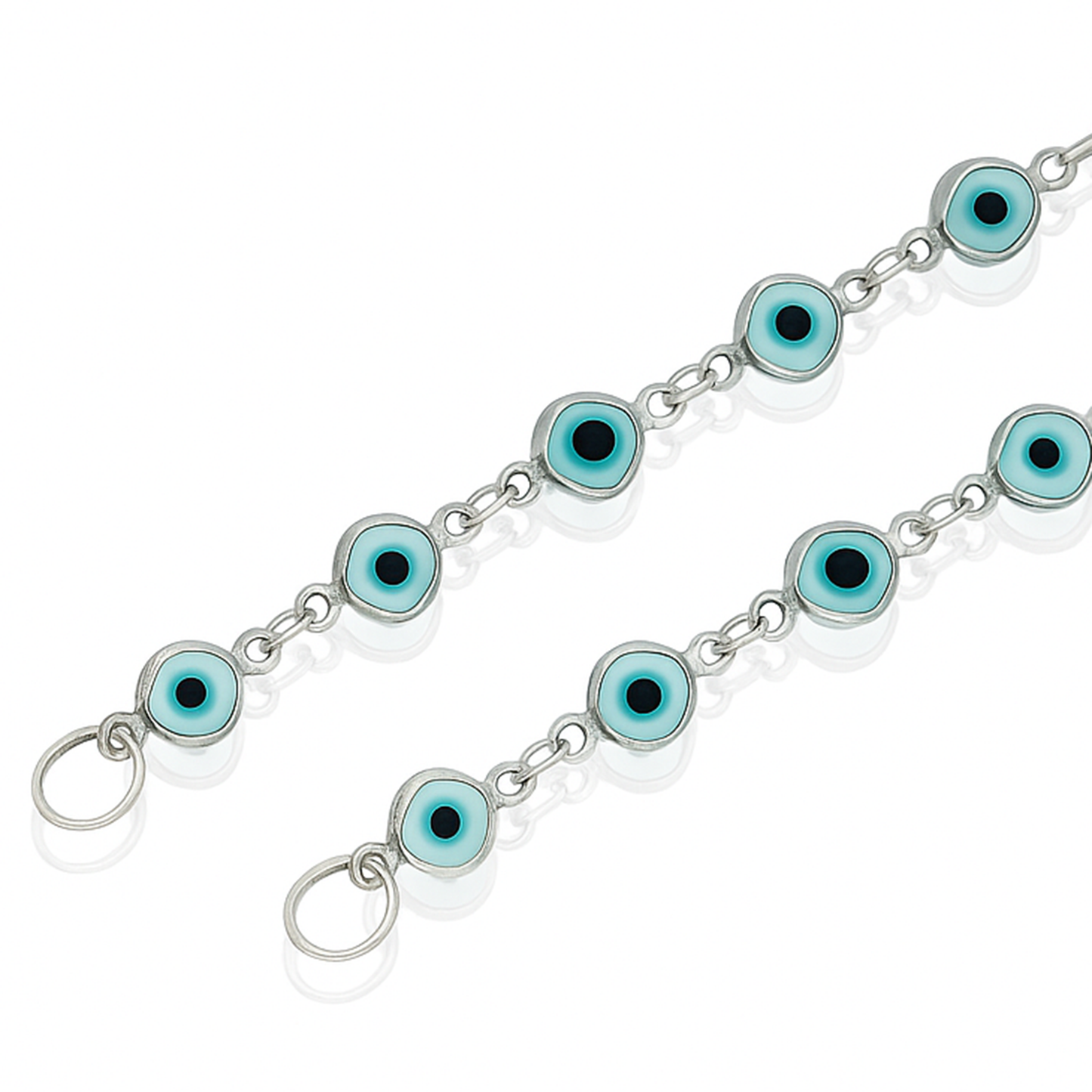 Silver chain with blue evil eye charms and silver small rings-zoomed view