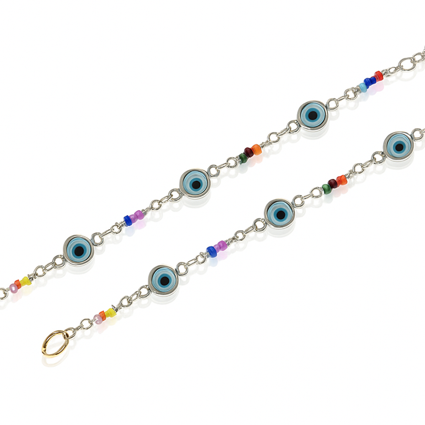 Silver chain with blue evil eye charms and colorful beads for stylish protection jewelry-zoomed view