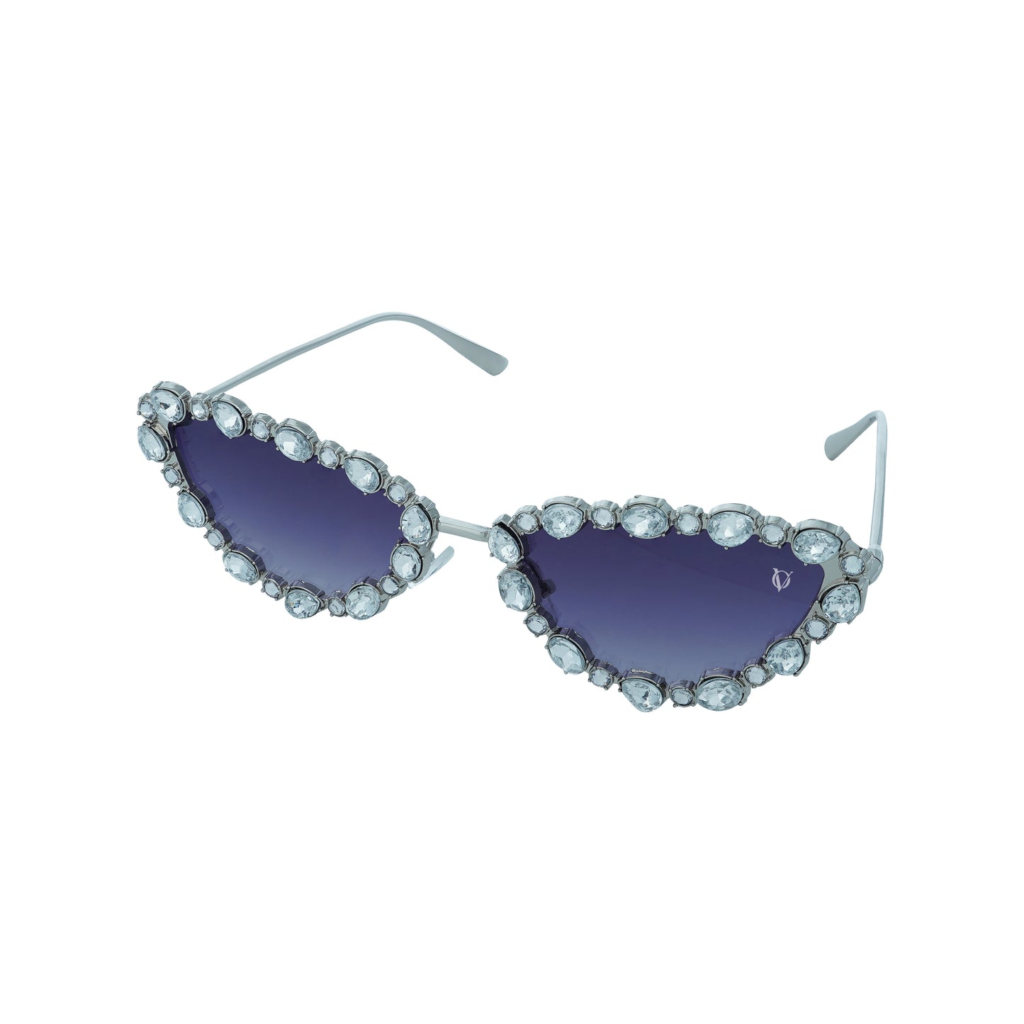 Cat-eye sunglasses with dark purple lenses and a rhinestone-embellished frame-sunglasses view
