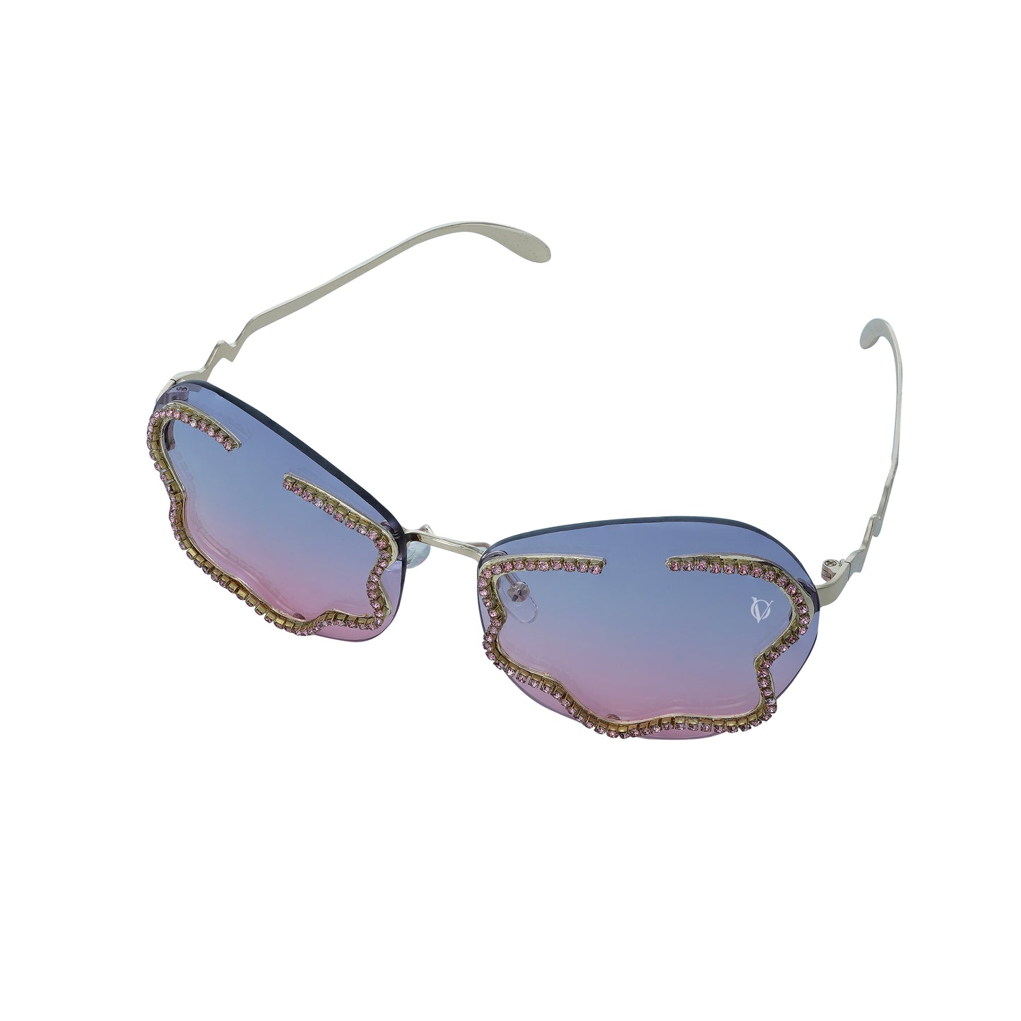 stylish heart-shaped sunglasses with purple-pink gradient lenses and a decorative golden frame-sunglass view