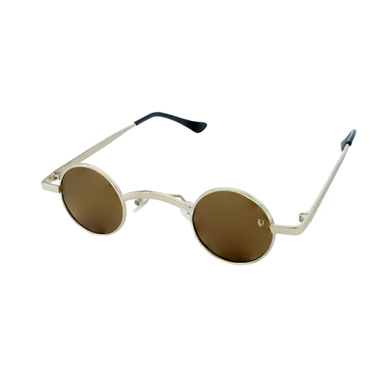 Round sunglasses with golden metallic frame and brown tinted lenses-angle view