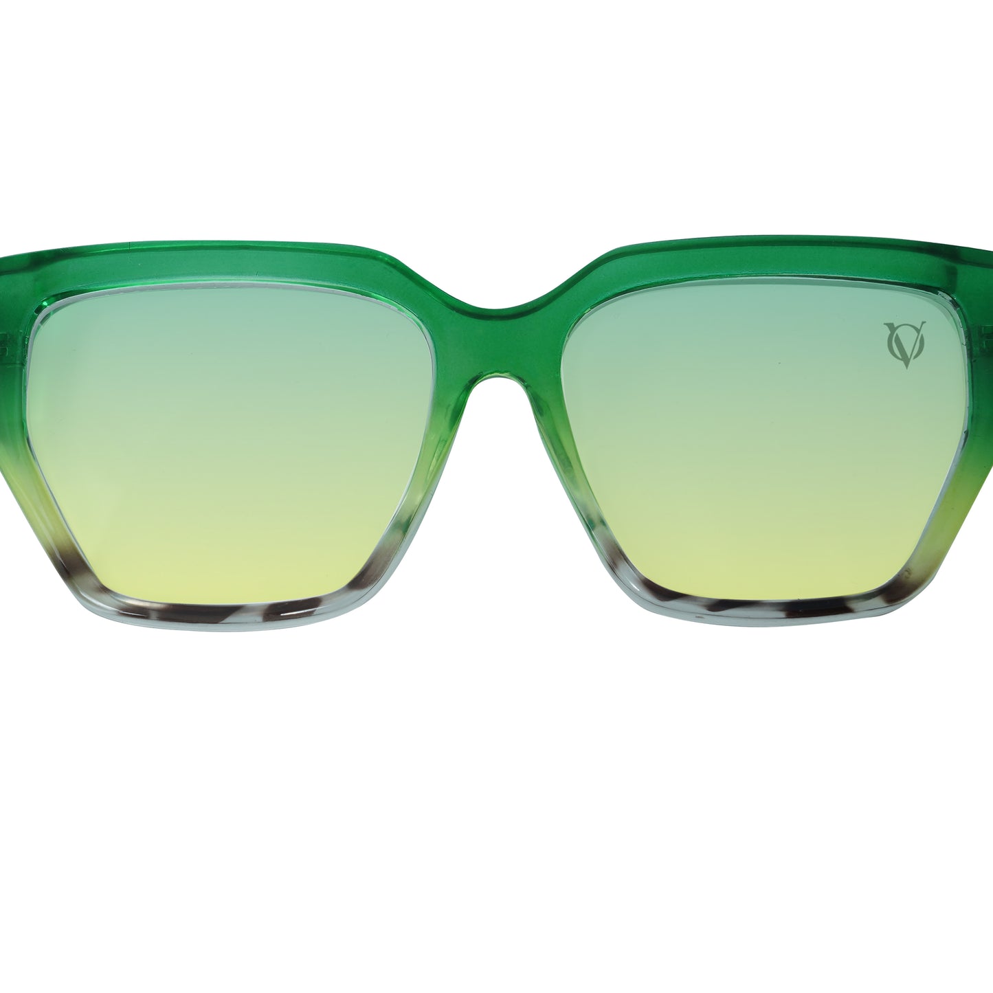 Oversized sunglasses with green-yellow gradient lenses and a glossy green frame-zoomed view