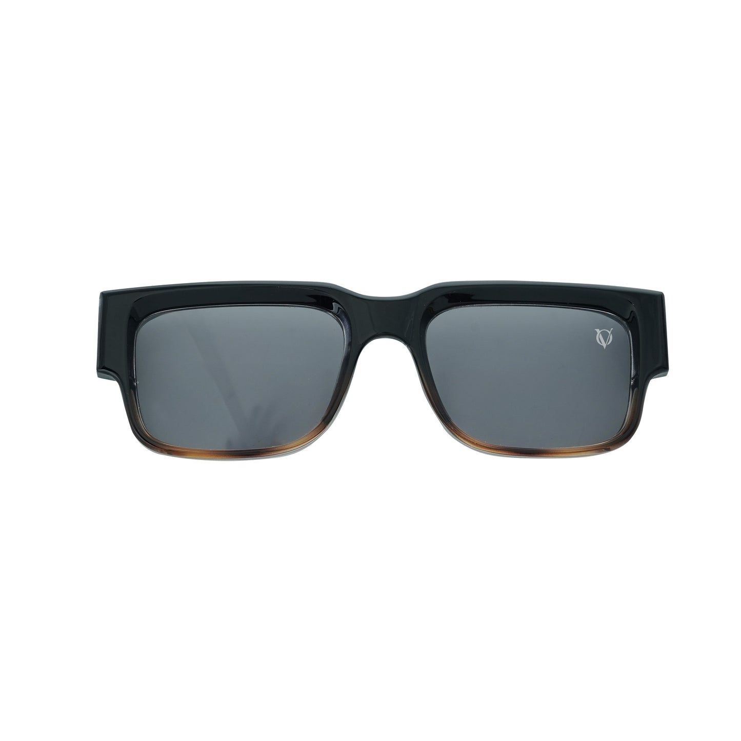 Black rectangular sunglasses with a decorative black chain strap and brown crystal charms attached at the ends-frame view