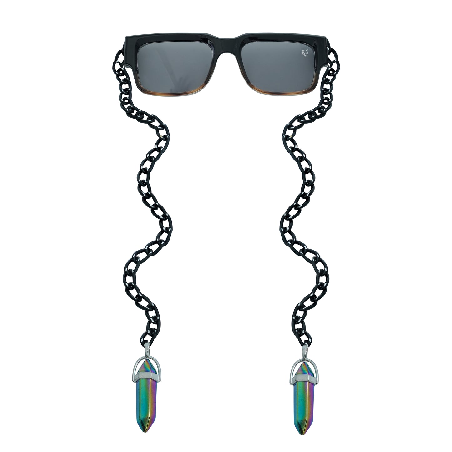 Black rectangular sunglasses with a decorative black chain strap and holographic, vibrant crystal charms attached at the ends-front view