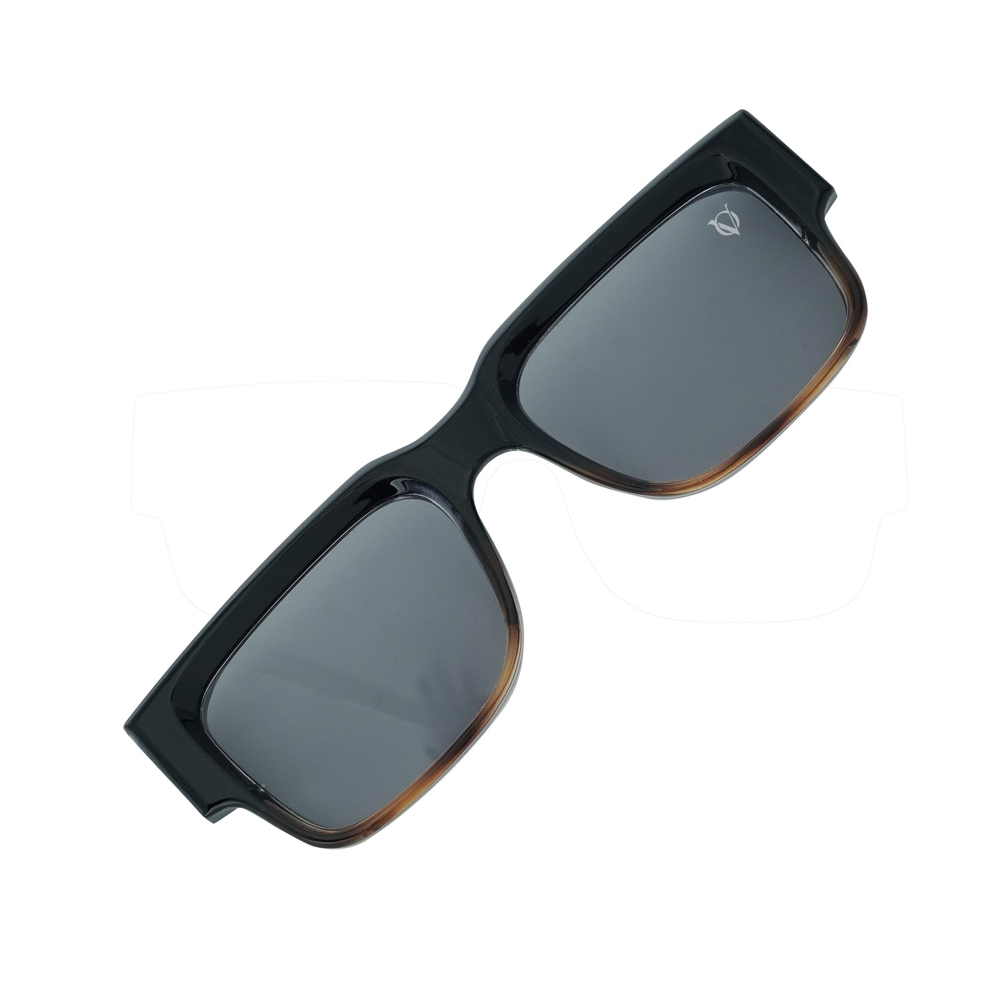 Black rectangular sunglasses with dark tinted lenses and a glossy frame-angle view