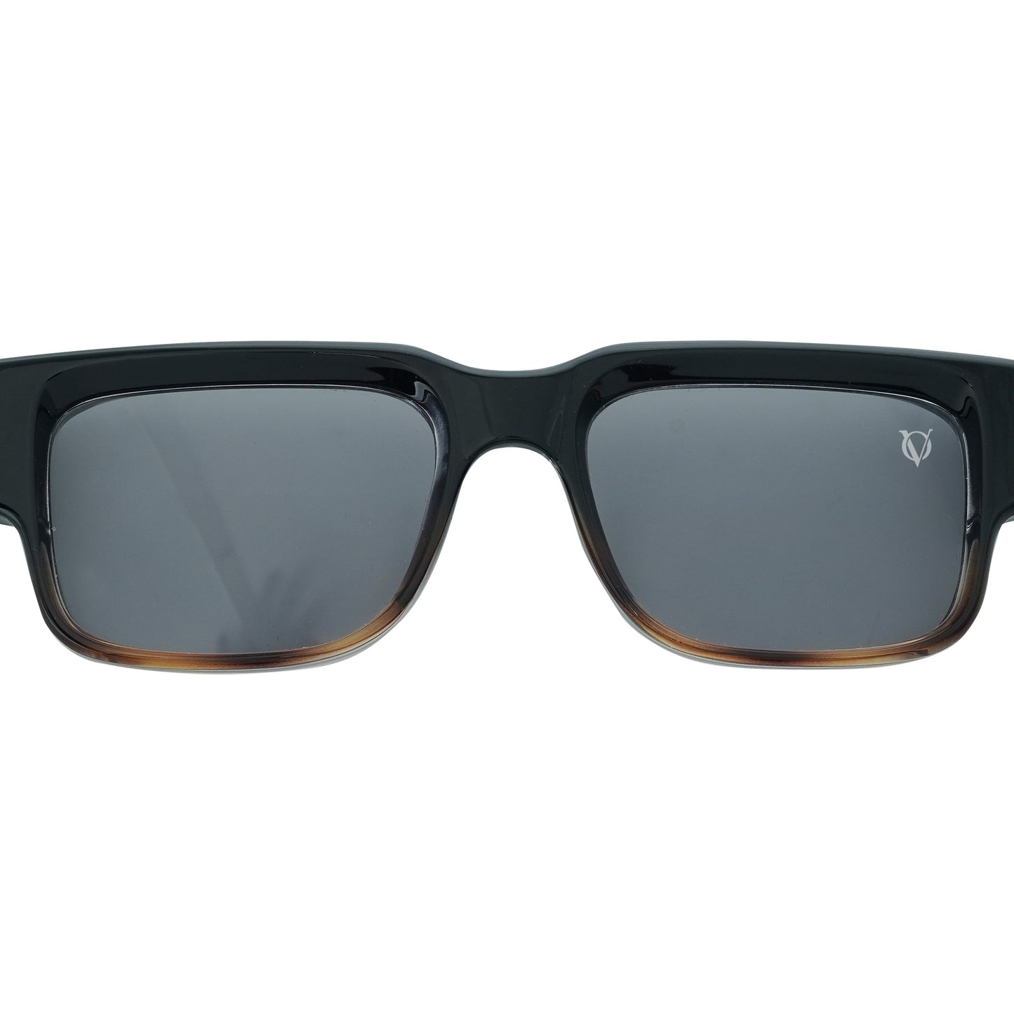 Black rectangular sunglasses with dark tinted lenses and a glossy frame-zoomed view