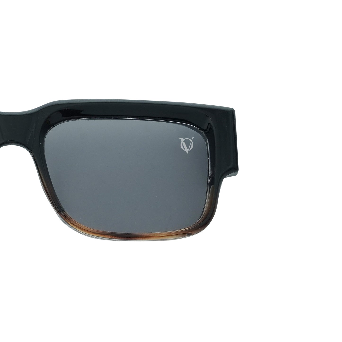 Black rectangular sunglasses with a decorative black chain strap and brown crystal charms attached at the ends-lense view