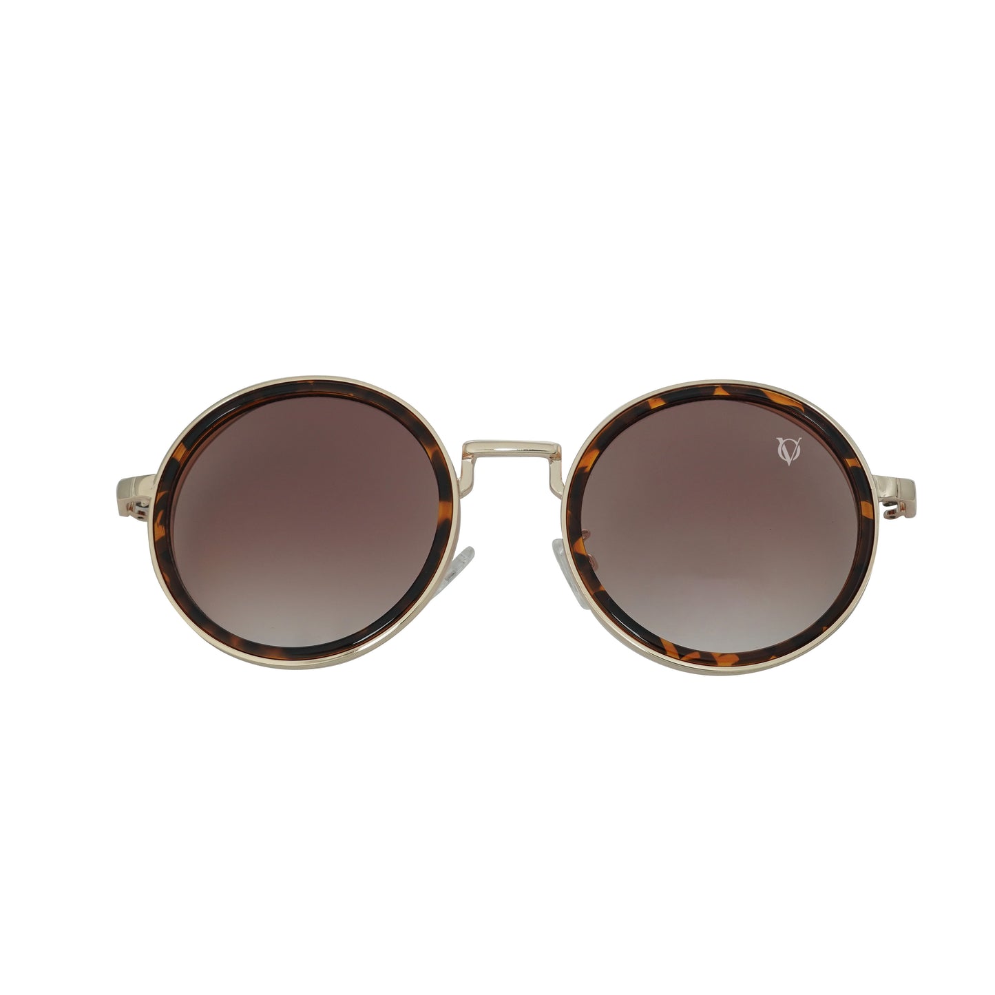 Round sunglasses with dark lenses, a tortoise-shell detailing frame, and a dual-link gold chain strap, or oval rings and leaf discs featuring tiger-eye charms-frame view