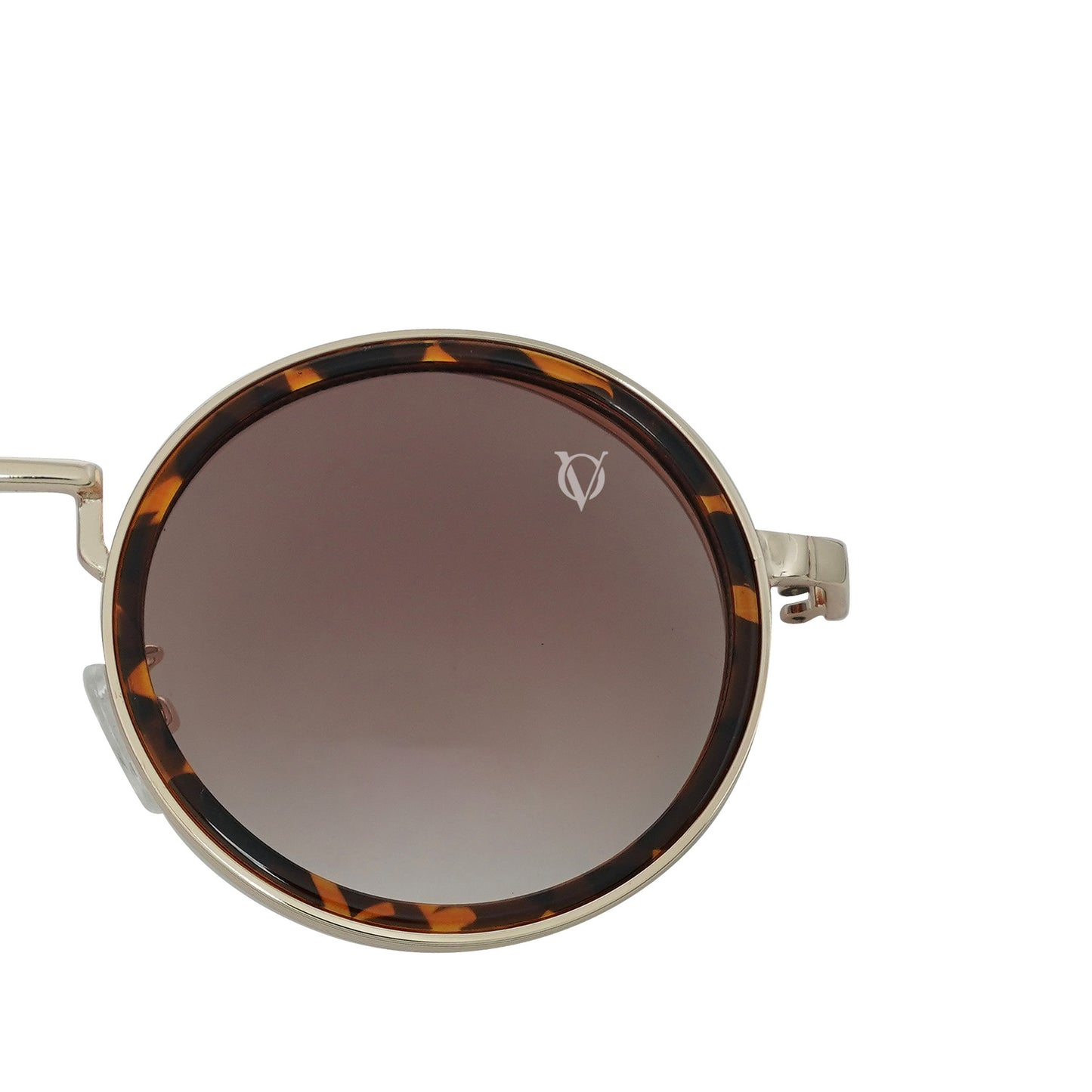 Round sunglasses with dark lenses, a tortoise-shell detailing frame, and a dual-link gold chain strap, or oval rings and leaf discs featuring tiger-eye charms-lense view