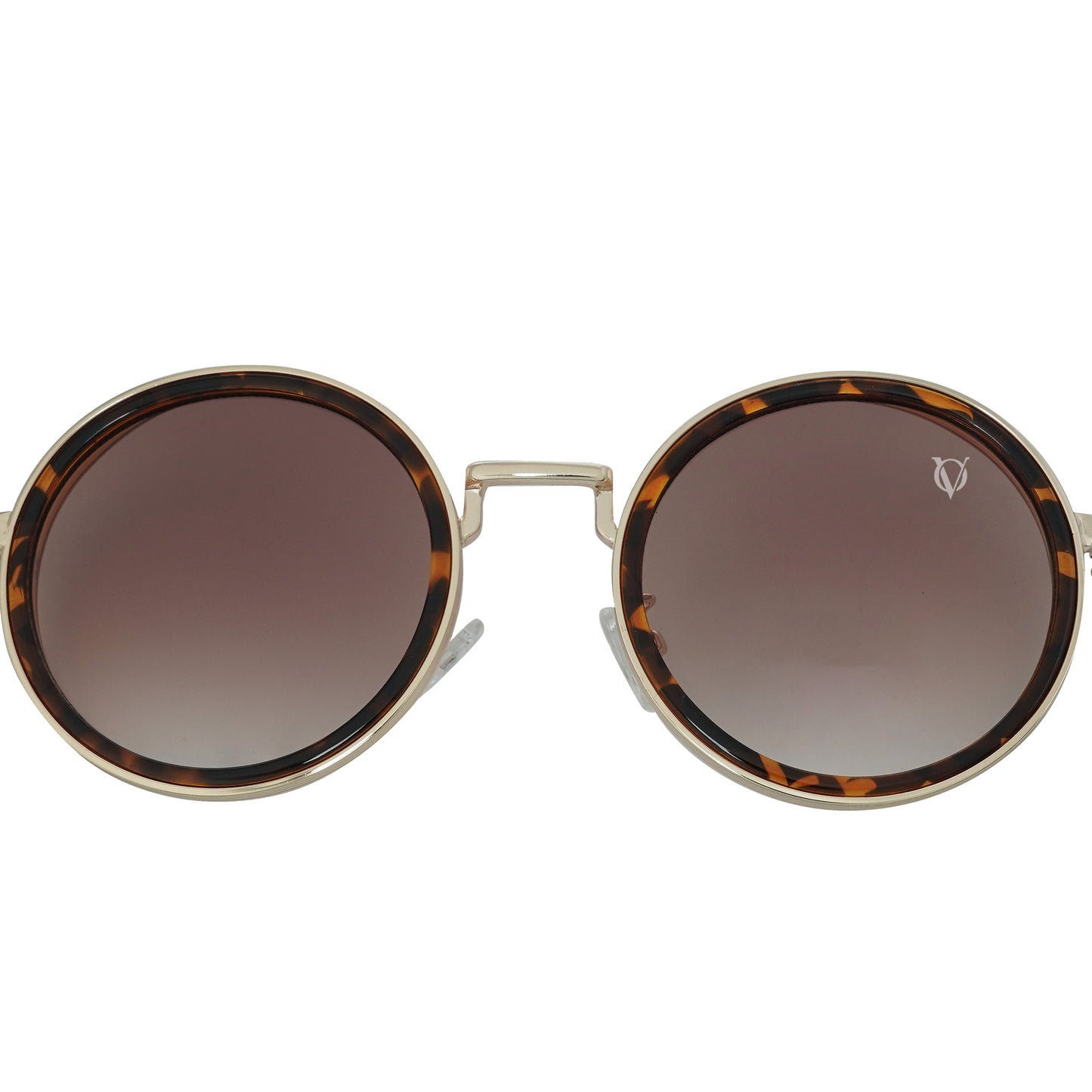 Round sunglasses with dark tinted lenses and a thin metallic frame with tortoiseshell detailing-zoomed view