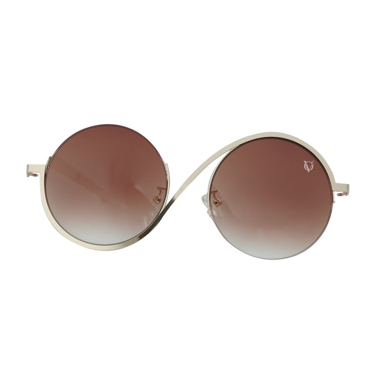 Round sunglasses with dark lenses, a silver frame, and a dual-link gold chain strap, or oval rings and leaf discs featuring tiger-eye charms-frame view