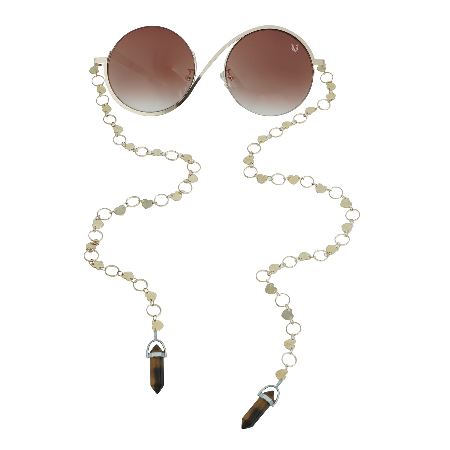 Round sunglasses with dark lenses, a silver frame, and a dual-link gold chain strap, or oval rings and leaf discs featuring tiger-eye charms-front view