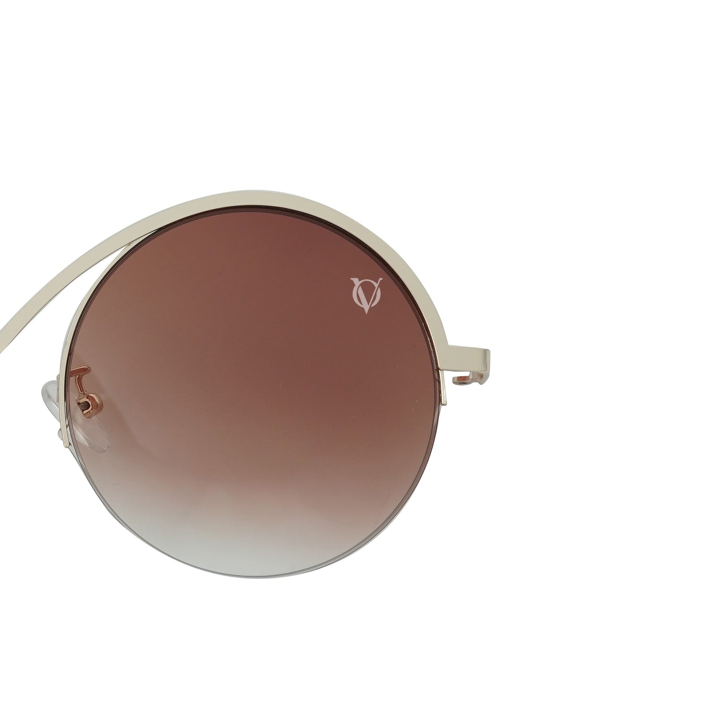 Round sunglasses with dark lenses, a silver frame, and a dual-link gold chain strap, or oval rings and leaf discs featuring tiger-eye charms-lense view