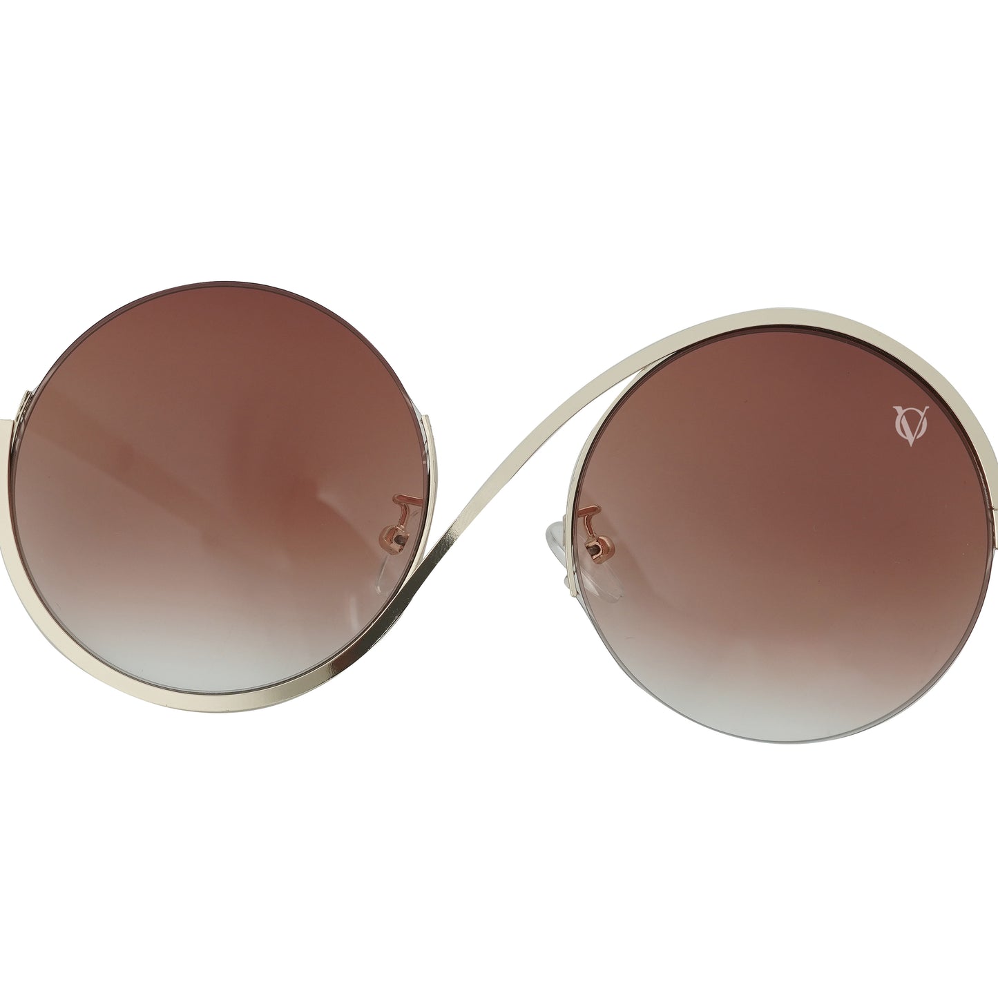 Round sunglasses with dark brown tinted shades finished with metal detailing-zoomed view