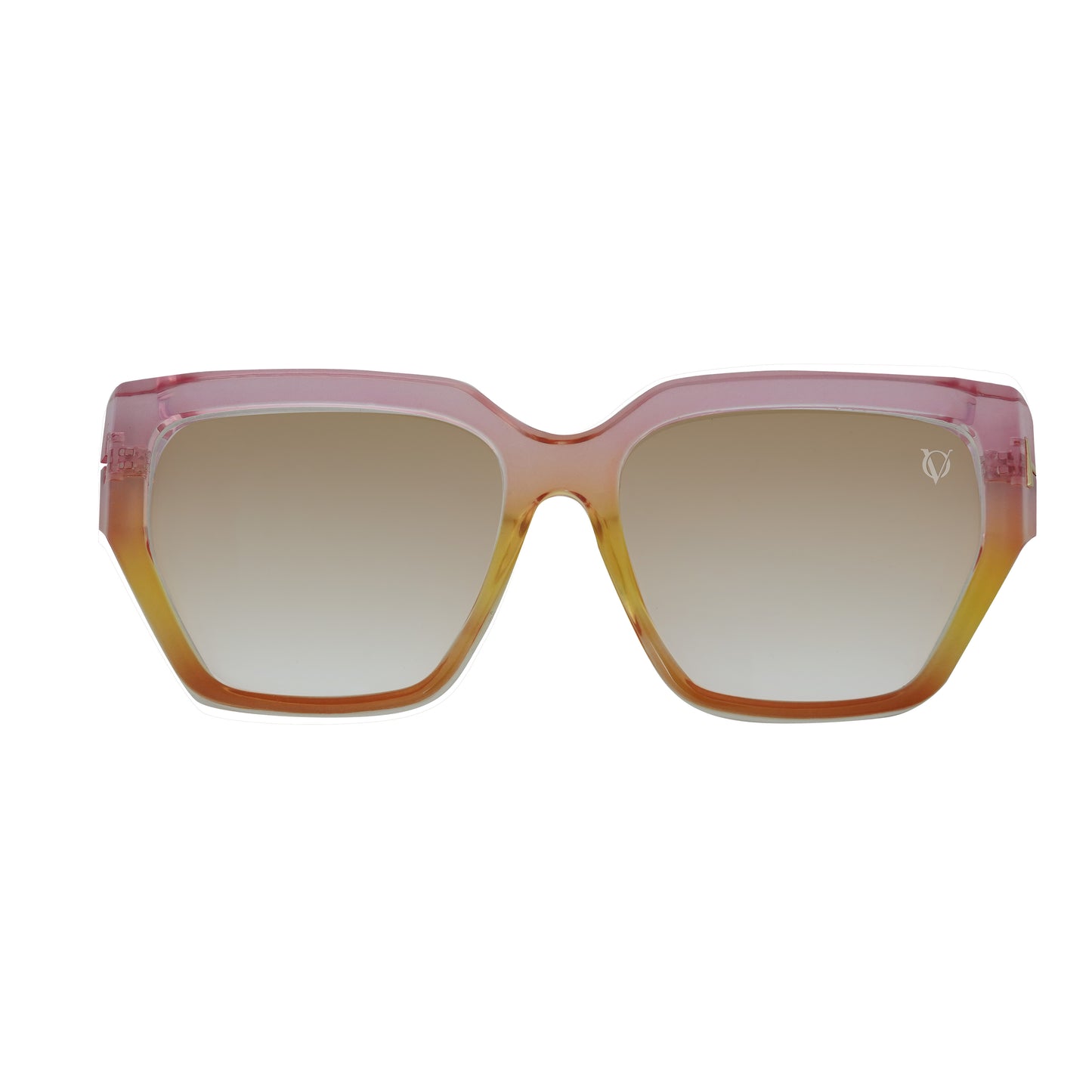 Square pink gradient sunglasses with a colorful beaded chain strap featuring blue evil eye charms and pink crystal pendants at the ends-frame view