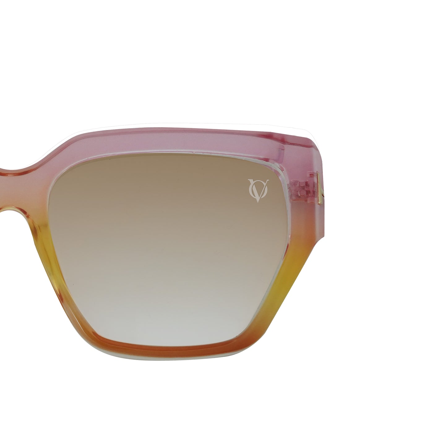 Square pink gradient sunglasses with a colorful beaded chain strap featuring blue evil eye charms and pink crystal pendants at the ends-lense view