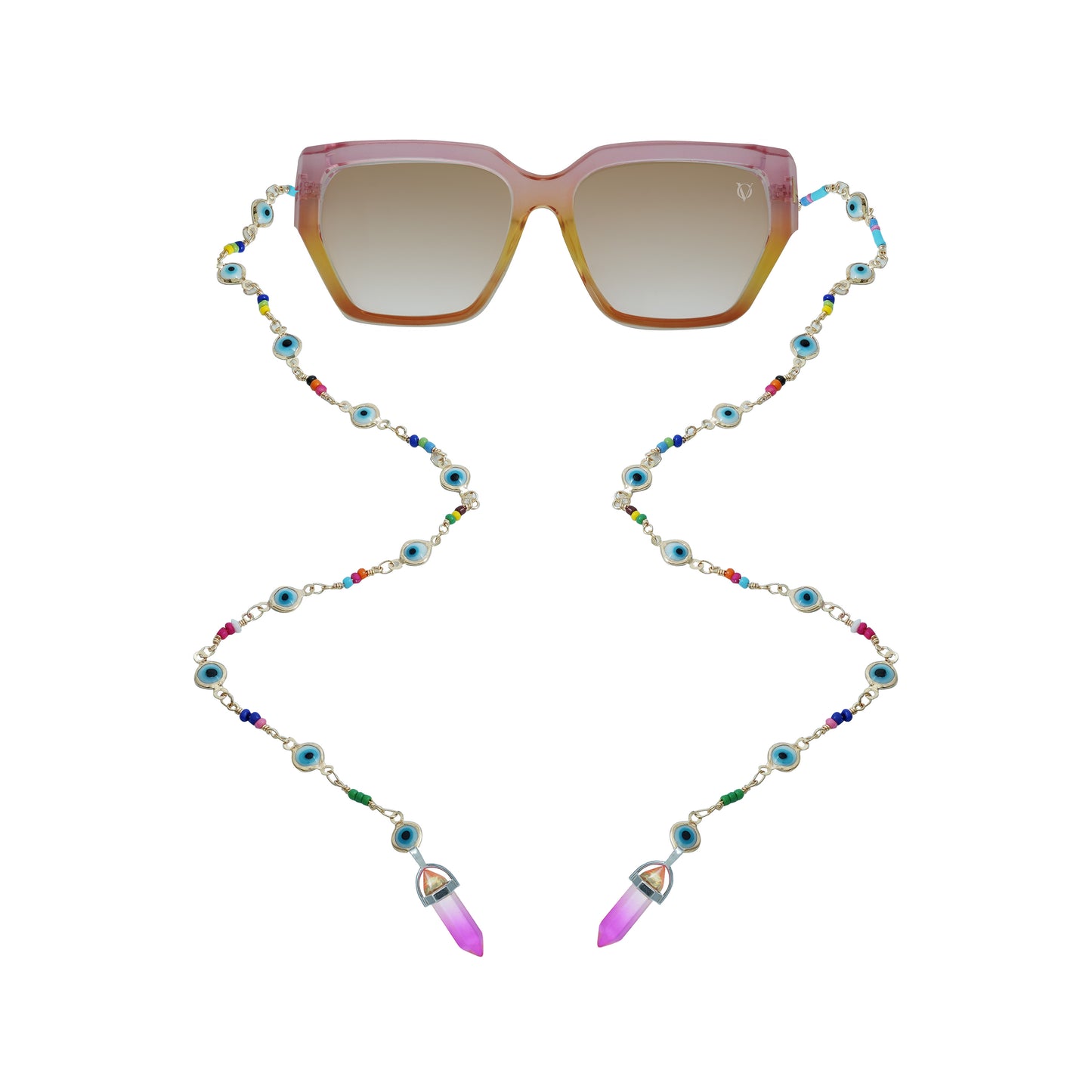 Square pink gradient sunglasses with a colorful beaded chain strap featuring blue evil eye charms and pink crystal pendants at the ends-front view