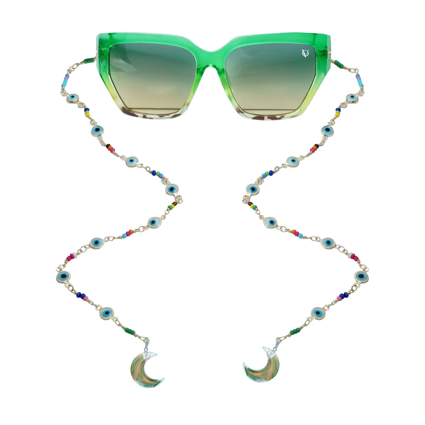 Green sunglasses with gradient lenses attached to a colorful beaded chain featuring evil eye accents and crescent shaped crystal pendants-front view