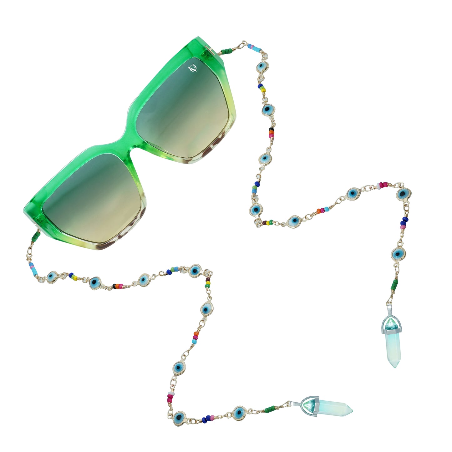 Green sunglasses with gradient lenses attached to a colorful beaded chain featuring evil eye accents and crystal pendants-angle view