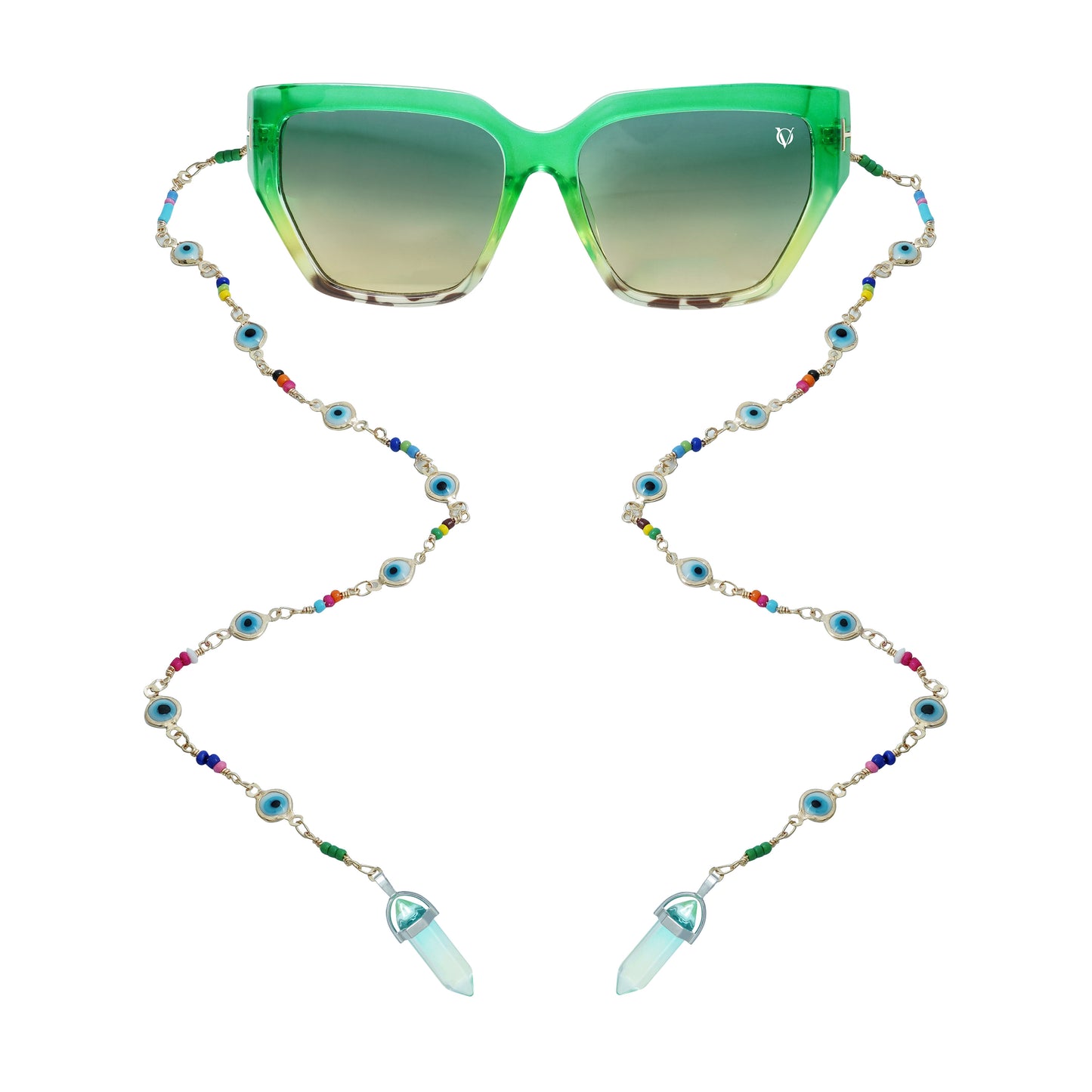 Green sunglasses with gradient lenses attached to a colorful beaded chain featuring evil eye accents and crystal pendants-front view
