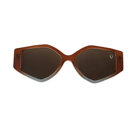 Trendy brown geometric sunglasses with dark tinted lenses-front view