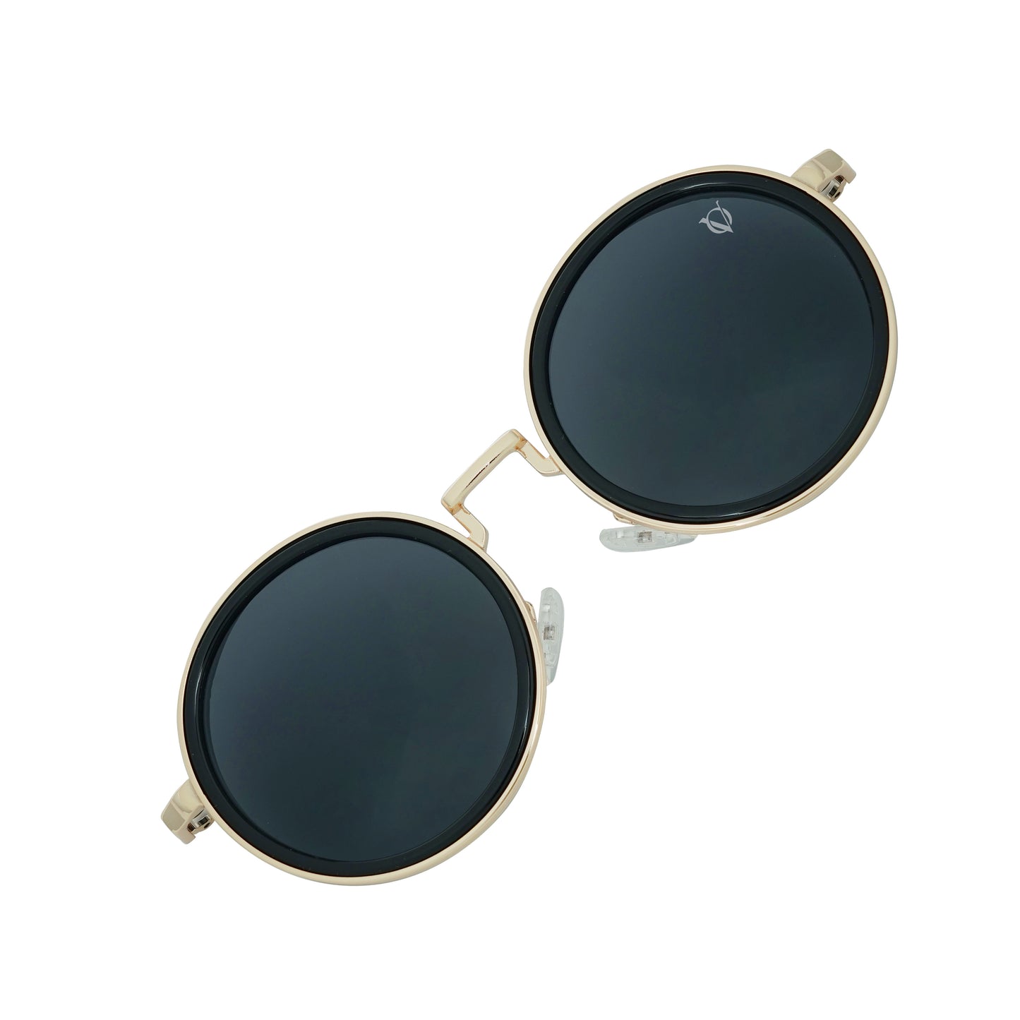 Round black sunglasses with gold metal frame and dark lenses