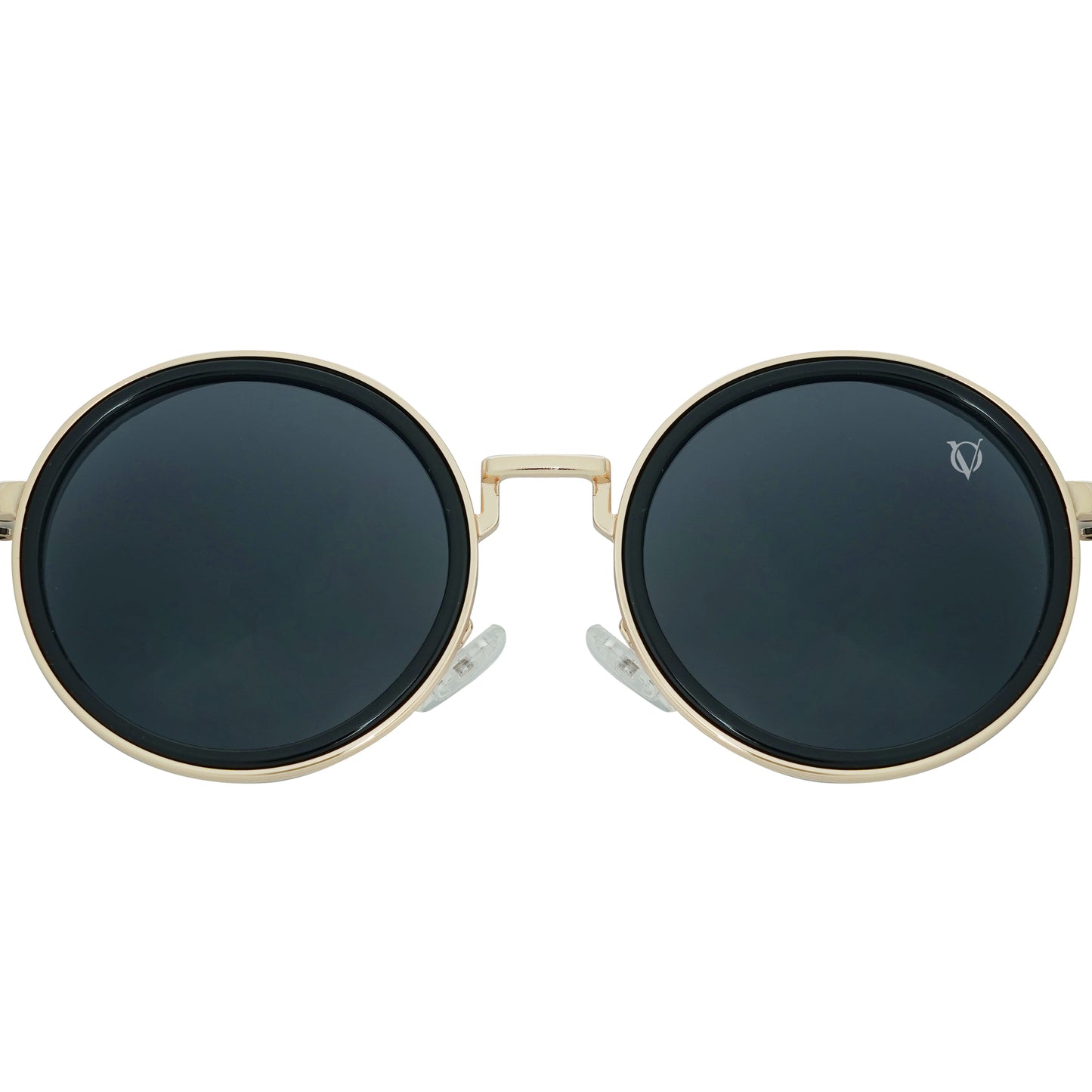 Round black sunglasses with gold metal frame and dark lenses-zoomed view
