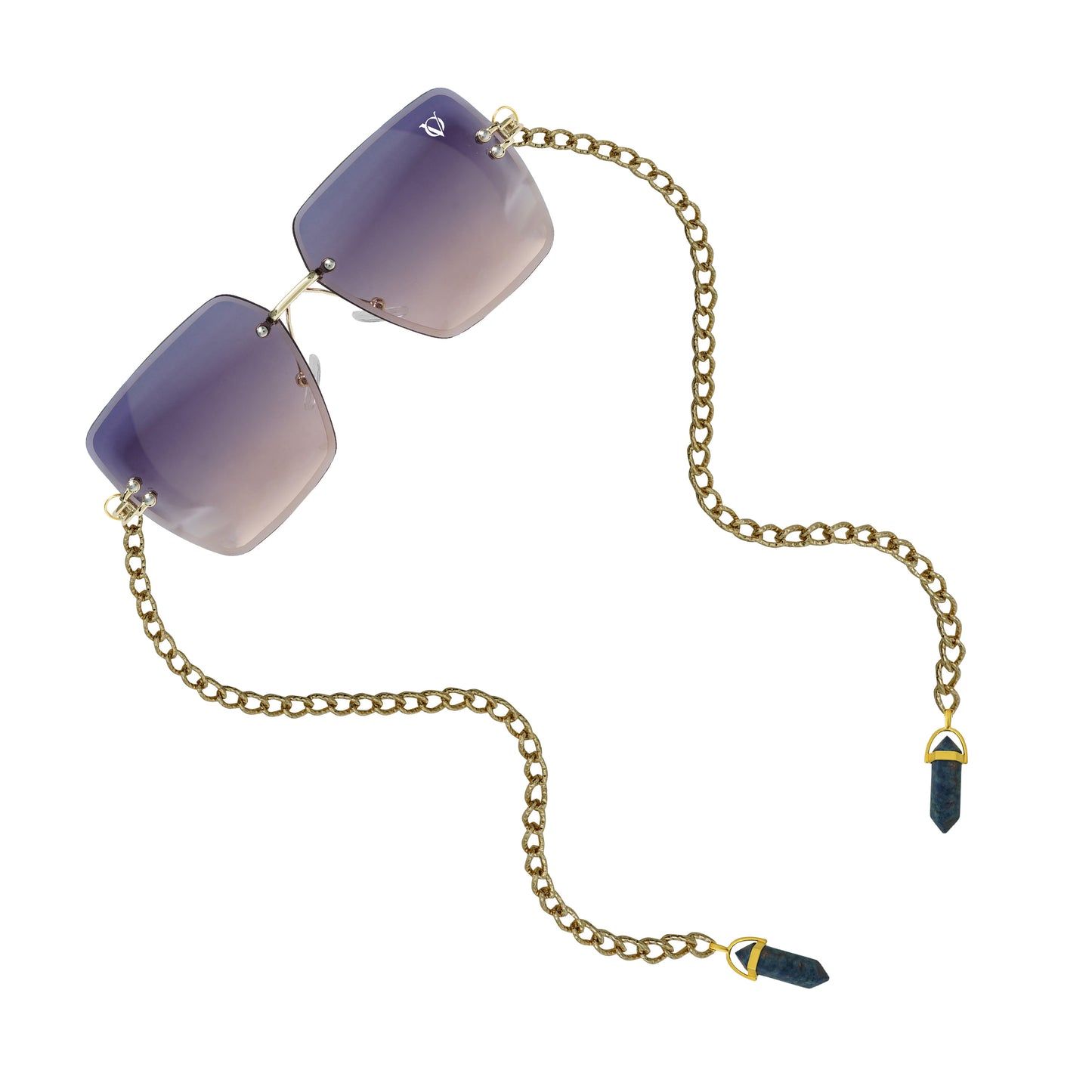 Square gradient sunglasses with gold chain and dark blue crystal charms-angle view