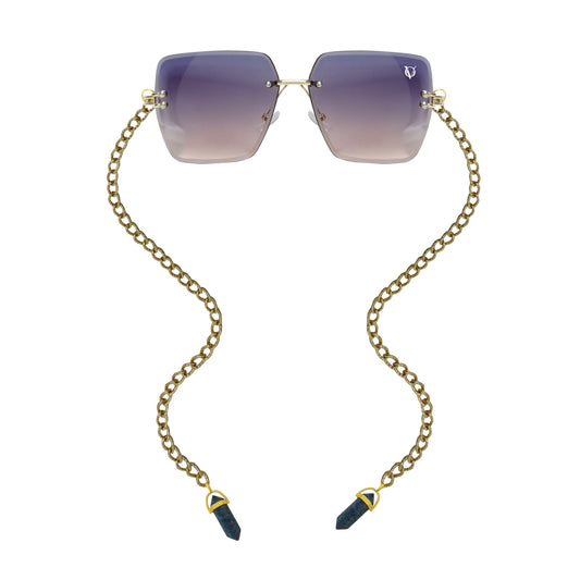 Square gradient sunglasses with gold chain and dark blue crystal charms-front view
