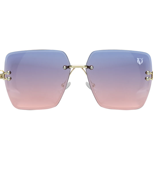 Oversized square sunglasses with gradient lilac-to-rose lenses and gold accents-front view