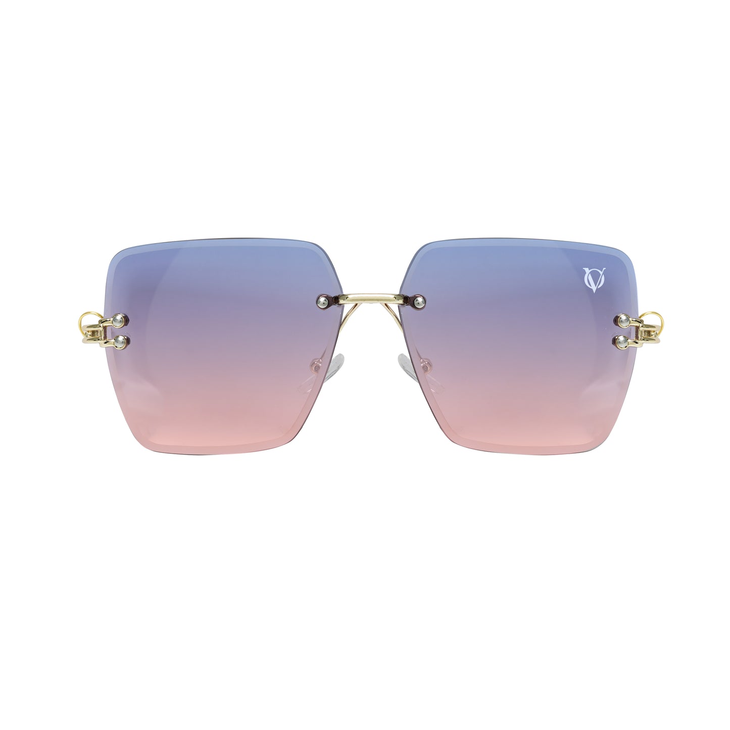 Oversized square sunglasses with gradient lilac-to-rose lenses and gold accents-zoom out view