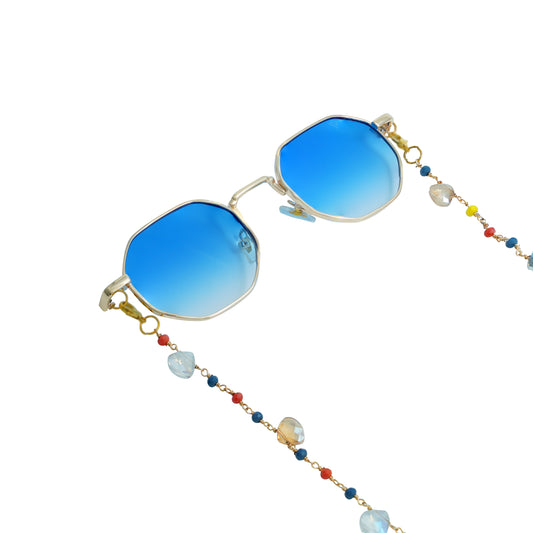 Gold frame sunglasses with blue lenses and colorful beaded chain featuring blue crystal pendants-frame view