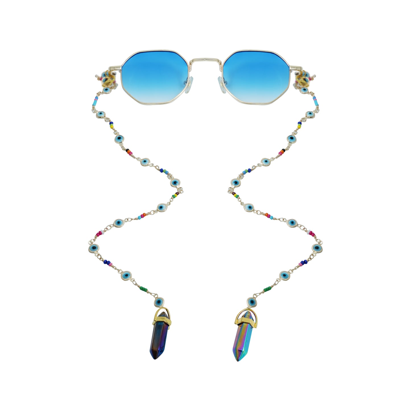 Blue-lensed sunglasses with a silver frame are attached to a beaded chain featuring blue and multicolored accents, ending in two crystal charms-front view