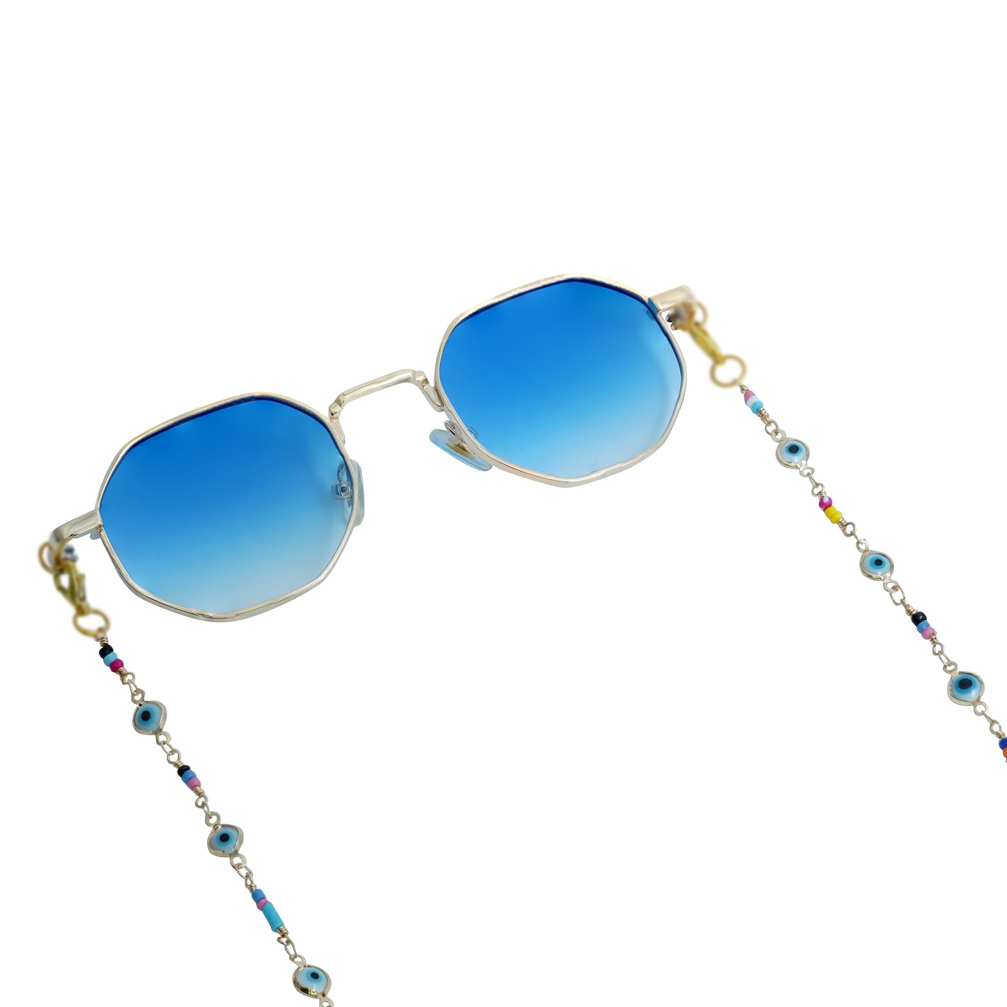 Blue-lensed sunglasses with a silver frame are attached to a beaded chain featuring blue and multicolored accents, ending in two crystal charms-frame view