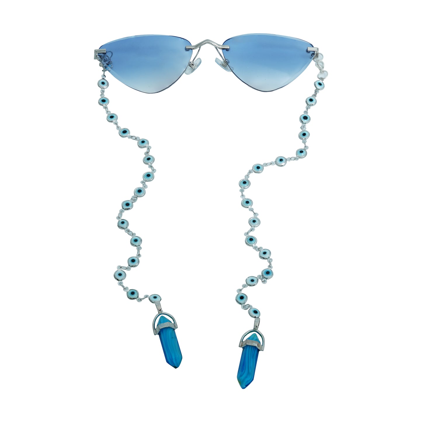 A pair of cat-eye framed sunglasses with a silver frame is connected to a silver evil-eye chain, which holds a pendant shaped blue crystal(Blue Stone)-whole view