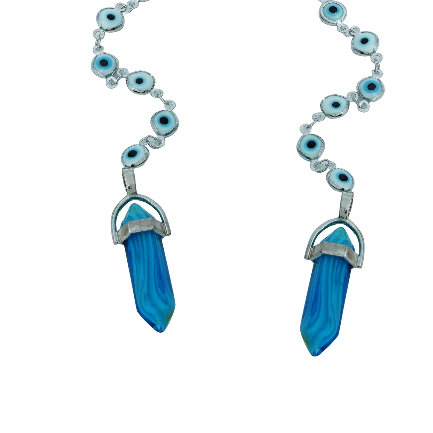 A pair of cat-eye framed sunglasses with a silver frame is connected to a silver evil-eye chain, which holds a pendant shaped blue crystal(Blue Stone)-charm view