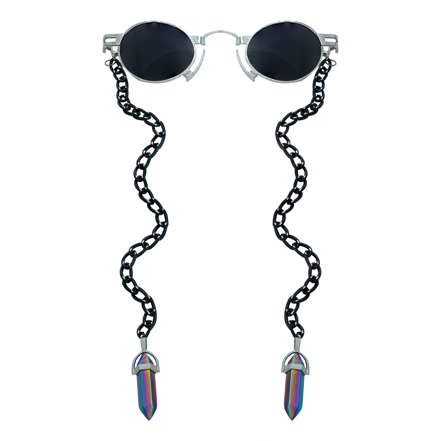 Round oval shaped sunglasses with a silver metallic frame attached to black chain, which holds a pendant shaped holographic vibrant crystal-front view