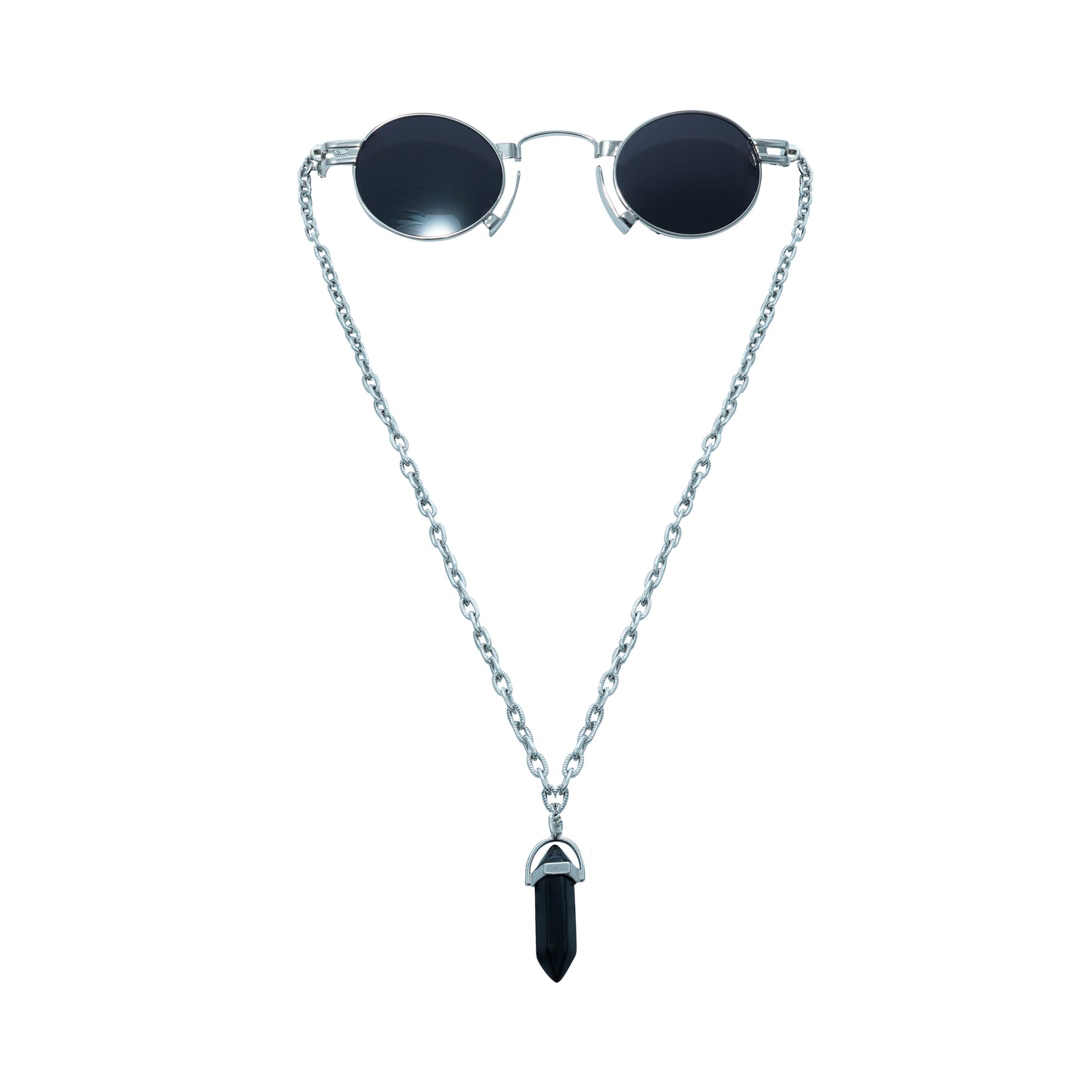 Round oval shaped sunglasses with a silver metallic frame attached to black chain, which holds a pendant shaped black crystal-front view