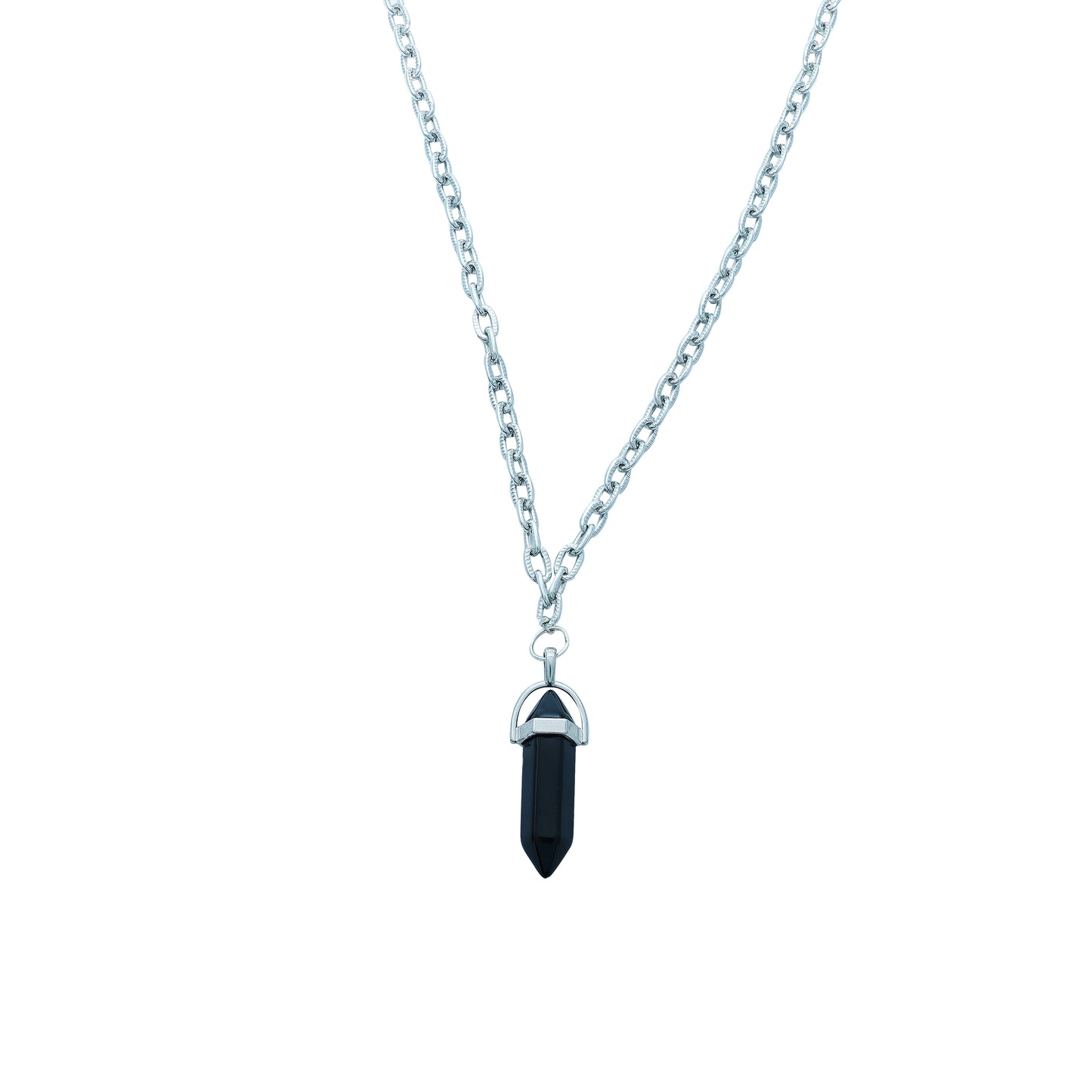 Round oval shaped sunglasses with a silver metallic frame attached to black chain, which holds a pendant shaped black crystal-charm view