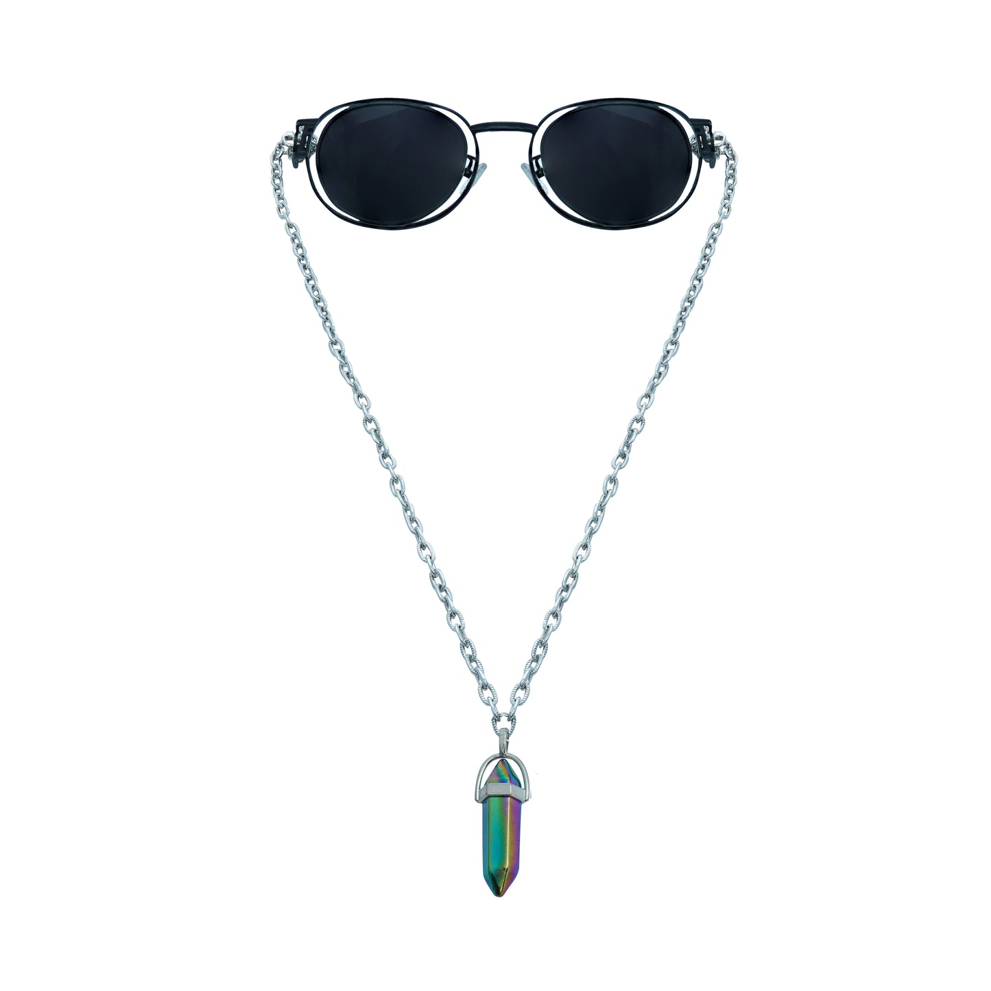A pair of round, dark-lensed sunglasses with a silver frame is connected to a silver chain, which holds a pendant shaped holographic vibrant rainbow crystal-front view