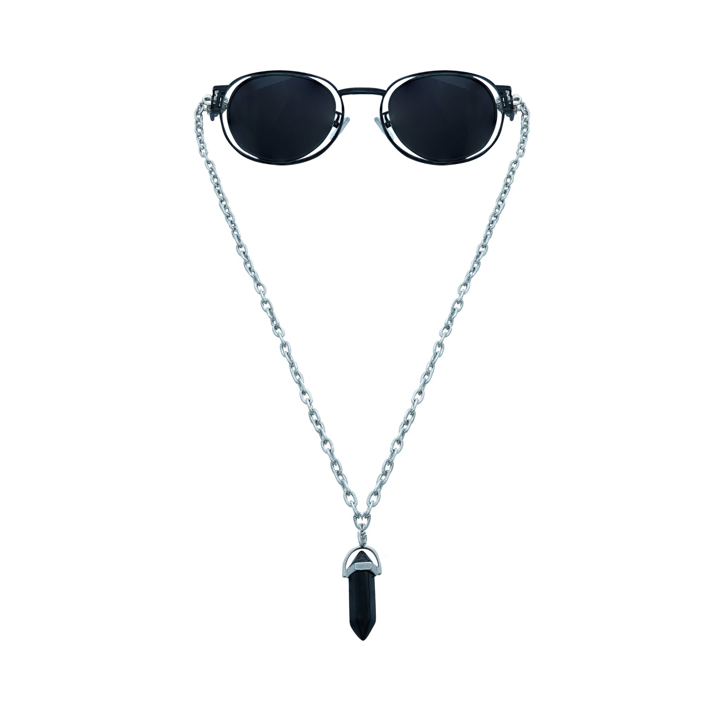 Round oval shaped sunglasses with a silver metallic frame attached to silver chain, which holds a pendant shaped black crystal-front view