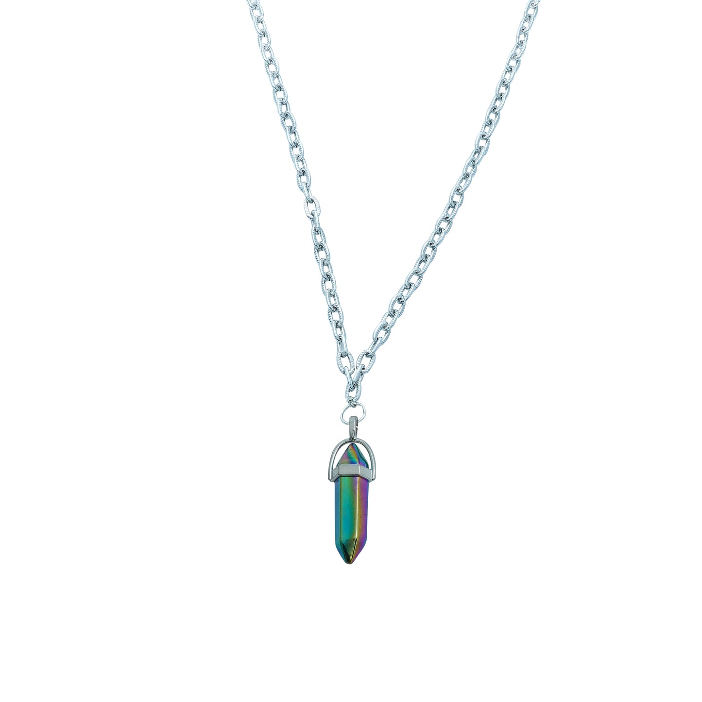 A pair of round, dark-lensed sunglasses with a silver frame is connected to a silver chain, which holds a pendant shaped holographic vibrant rainbow crystal-charm view