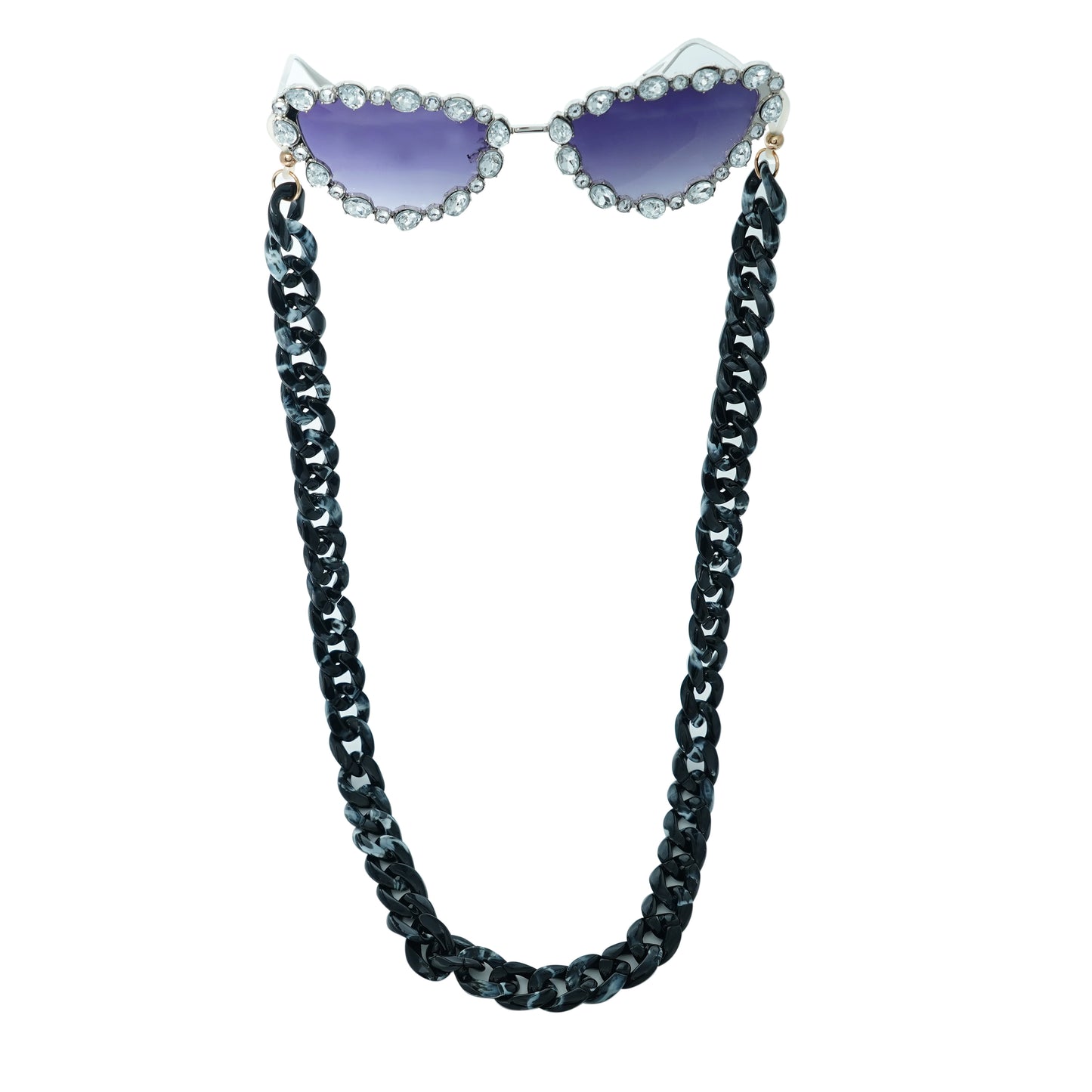 Glimmery oval crystal-studded cat-eye frames with purple gradient lenses attached with a blue-black gradient chain for fashion lovers.