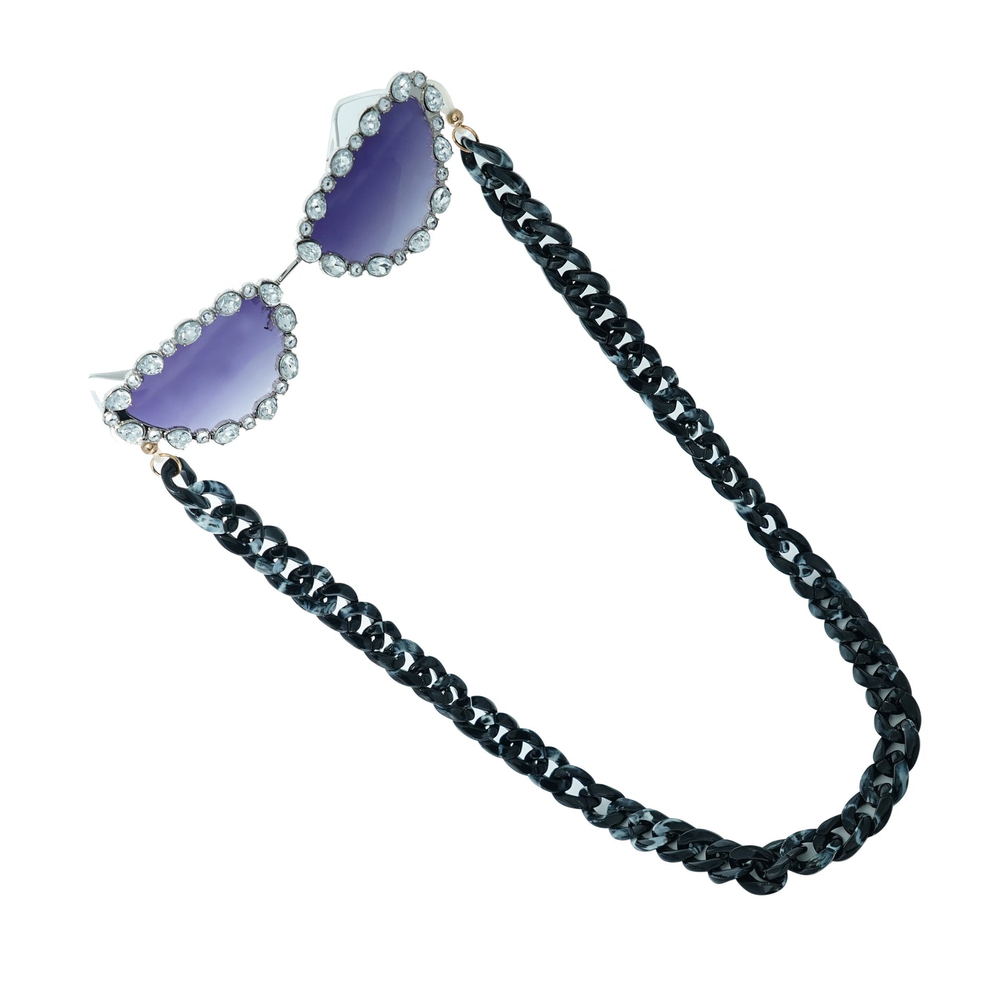 Glimmery oval crystal-studded cat-eye frames with purple gradient lenses attached with a blue-black gradient chain for fashion lovers-tilted pose